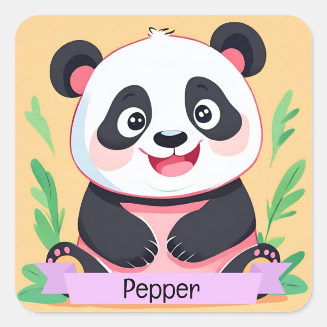Adesivo Quadrado Nome Personalizado de Panda de Bebê (Frente)