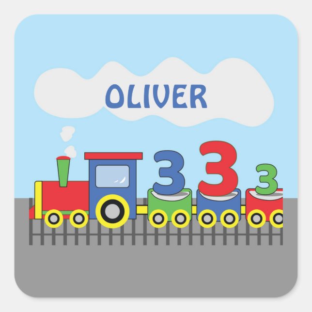 Adesivo Quadrado Nome Personalizado do Comboio aniversário de 3 ano (Frente)