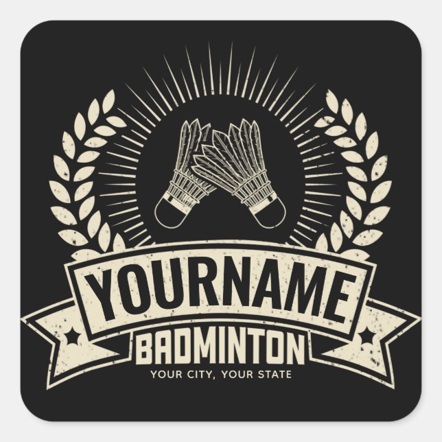 Adesivo Quadrado Nome Personalizado do Jogador de Badminton Racquet (Frente)