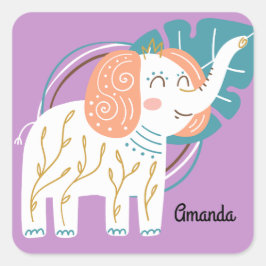 Adesivo Quadrado Nome Personalizado do Little Elephant Boho