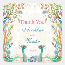 Adesivo Quadrado Nome personalizado do pavão floral azul-lacrimal