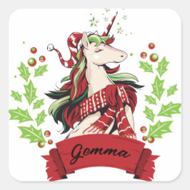Adesivo Quadrado Nome Personalizado do Unicorn de Natal Bonito