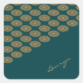 Adesivo Quadrado Nome personalizado floral castanho em verde-pinhei