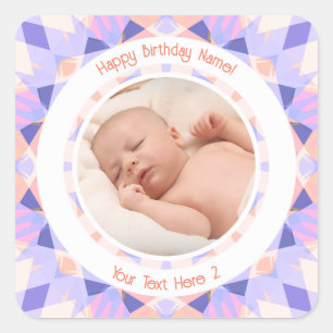 Adesivo Quadrado Nome Personalizado Foto Idade Rosa Roxo Aniversári