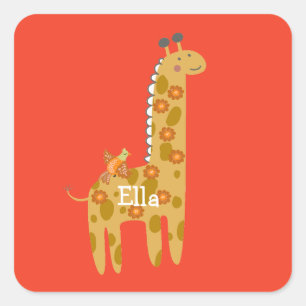 Adesivo Quadrado Nome Personalizado Girafa Pássaro e Flores Dourado
