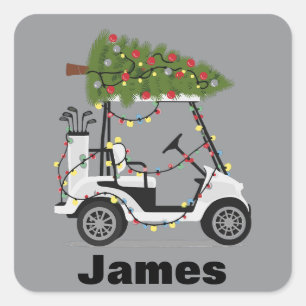 Adesivo Quadrado Nome Personalizado Golfer Natal Carrinho de Golfe