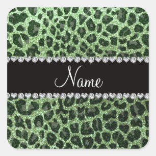Adesivo Quadrado Nome personalizado: impressão leopardo verde-claro