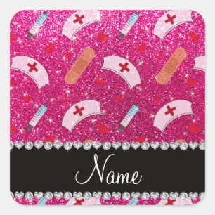Adesivo Quadrado Nome personalizado, neon hot pink glitter enfermei