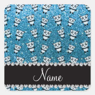 Adesivo Quadrado Nome personalizado pandas de brilho azul-céu