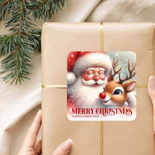 Adesivo Quadrado Nome Personalizado Papai Noel Rudolph Natal Adoráv