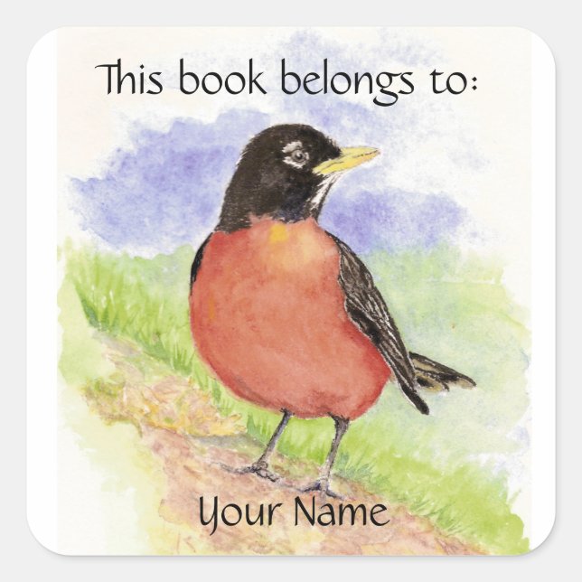 Adesivo Quadrado Nome Personalizado, Pasta Robin de Placa de Livro (Frente)