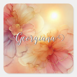 Adesivo Quadrado Nome Personalizado Peach Raspberry Álcool Floral A