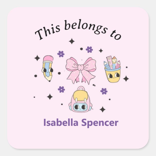 Adesivo Quadrado Nome Personalizado Rapariga Cute Isto Pertence A R (Frente)