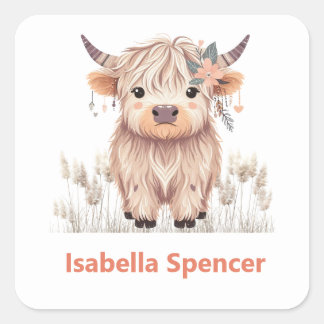 Adesivo Quadrado Nome Personalizado Rapariga Cute Moderna Vaca High