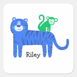 Adesivo Quadrado Nome Personalizado Tigre Azul com Macaco Verde nas
