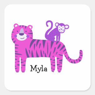Adesivo Quadrado Nome Personalizado Tigre Rosa e Macaco Roxo nas Co