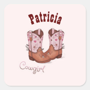 Adesivo Quadrado Nome Personalizado Trendy Cute CowGirl Boots Rosa