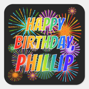 Adesivo Quadrado Nome "PHILLIP", Diversão "FELIZ ANIVERSÁRIO"