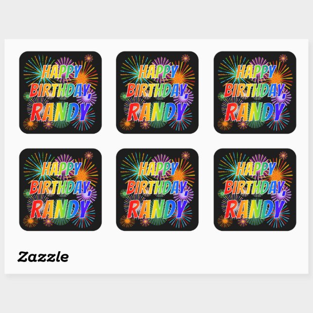 Adesivo Quadrado Nome "RANDY", Diversão "FELIZ ANIVERSÁRIO" (Folha)