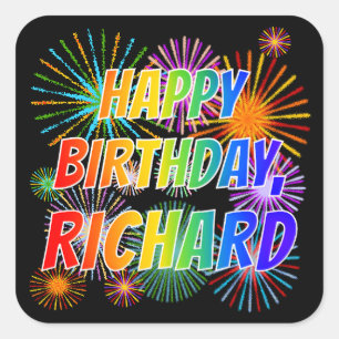 Adesivo Quadrado Nome "RICHARD", Diversão "FELIZ ANIVERSÁRIO"