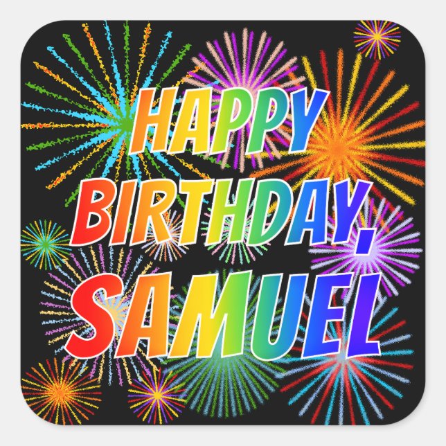 Adesivo Quadrado Nome "SAMUEL", Diversão "FELIZ ANIVERSÁRIO" (Frente)