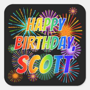 Adesivo Quadrado Nome "SCOTT", Diversão "FELIZ ANIVERSÁRIO"