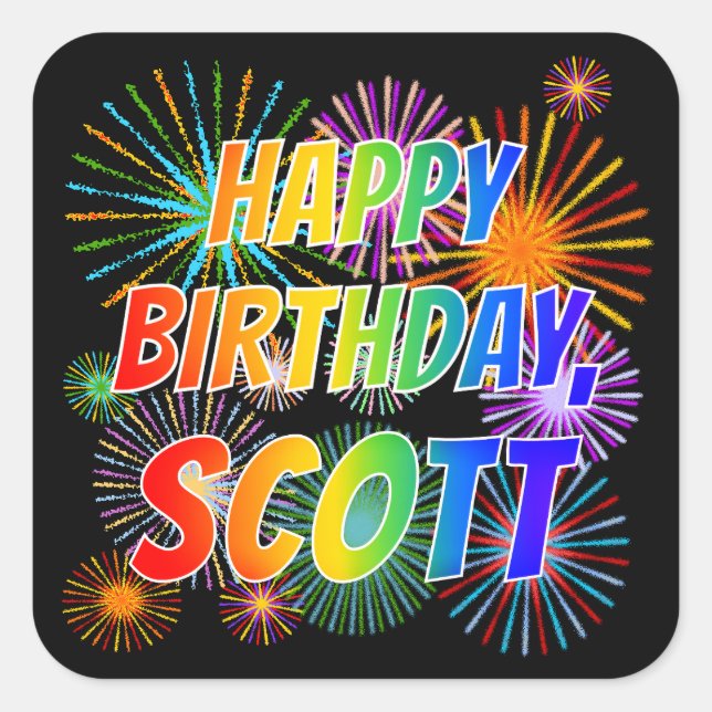 Adesivo Quadrado Nome "SCOTT", Diversão "FELIZ ANIVERSÁRIO" (Frente)