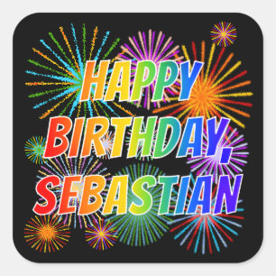Adesivo Quadrado Nome "SEBASTIAN", Diversão "FELIZ ANIVERSÁRIO"