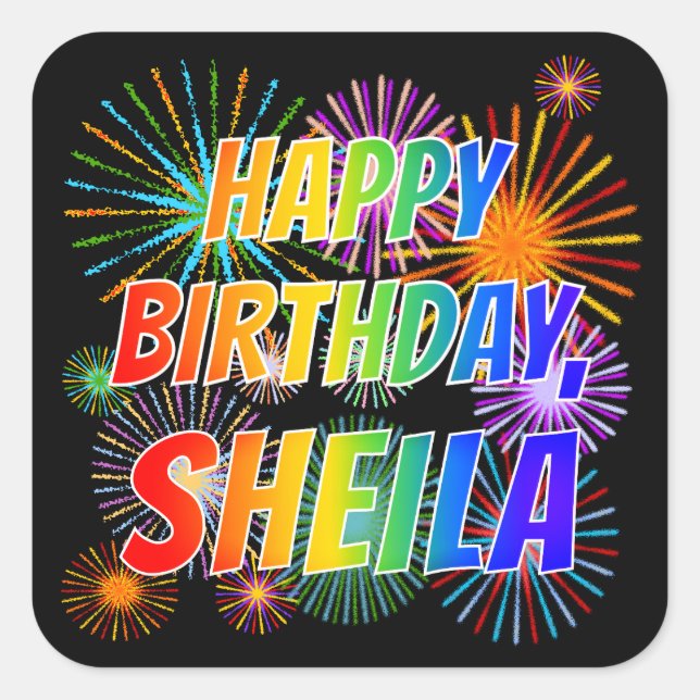Adesivo Quadrado Nome "SHEILA", Diversão "FELIZ ANIVERSÁRIO" (Frente)