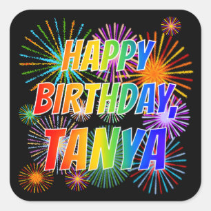 Adesivo Quadrado Nome "TANYA", Diversão "FELIZ ANIVERSÁRIO"