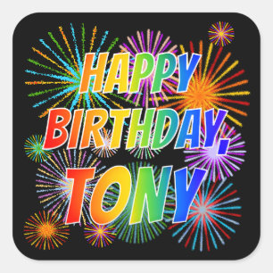 Adesivo Quadrado Nome "TONY", Diversão "FELIZ ANIVERSÁRIO"