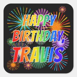 Adesivo Quadrado Nome "TRAVIS", Diversão "FELIZ ANIVERSÁRIO"