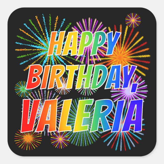 Adesivo Quadrado Nome "VALERIA", Diversão "FELIZ ANIVERSÁRIO" (Frente)