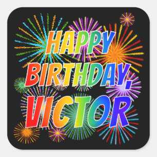 Adesivo Quadrado Nome "VICTOR", Diversão "FELIZ ANIVERSÁRIO"