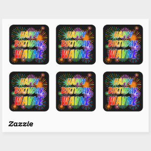 Adesivo Quadrado Nome "WAYNE", Diversão "FELIZ ANIVERSÁRIO"