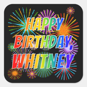 Adesivo Quadrado Nome "WHITNEY", Diversão "FELIZ ANIVERSÁRIO"