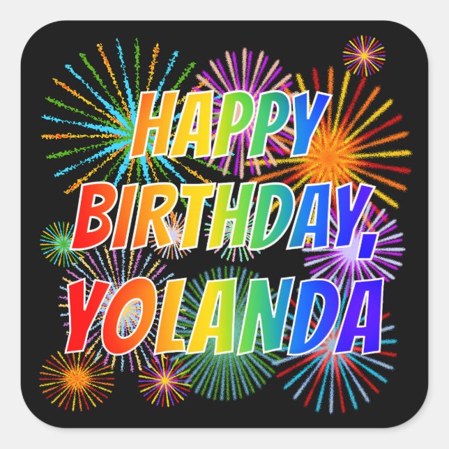 Adesivo Quadrado Nome "YOLANDA", Diversão "FELIZ ANIVERSÁRIO" (Frente)