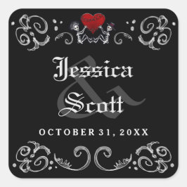 Adesivo Quadrado Nomes de Casamento do Black White Halloween Skelet