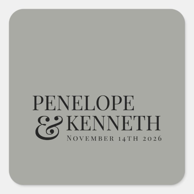Adesivo Quadrado Nomes de Casamento Personalizado de Cinzas Elegant (Frente)