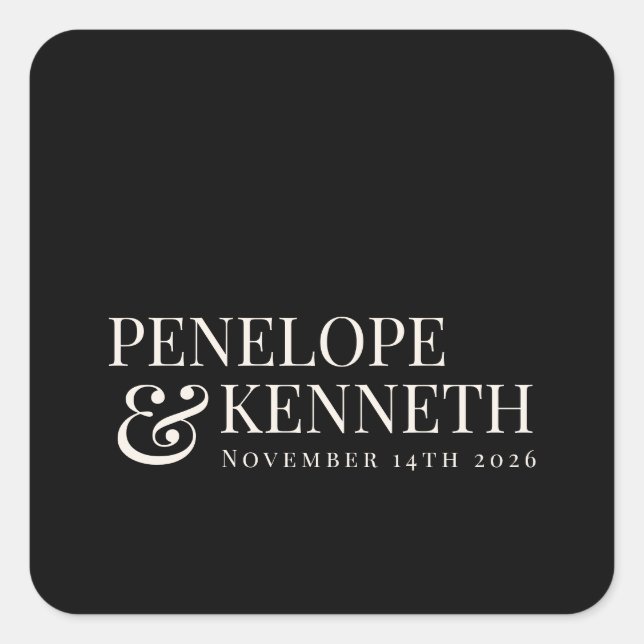 Adesivo Quadrado Nomes de Casamento Personalizados de Feriado Negro (Frente)