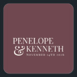 Adesivo Quadrado Nomes de Casamentos Personalizados da Clássica Ele<br><div class="desc">Clássico Elegante Tipografia da Borgonha Personalizada Nomes de Casamento Praça</div>