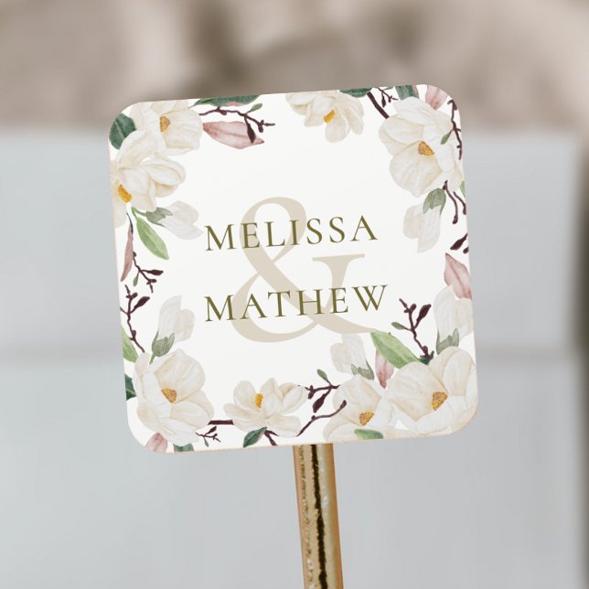 Adesivo Quadrado Nomes personalizados Magnolia Oriental Elegante (custom Names Elegant Oriental Magnolia Square Sticker)