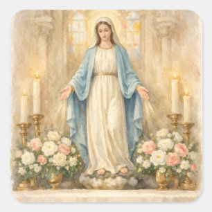 Adesivo Quadrado Nossa Senhora da Graça Aquarela Altar Floral Catól