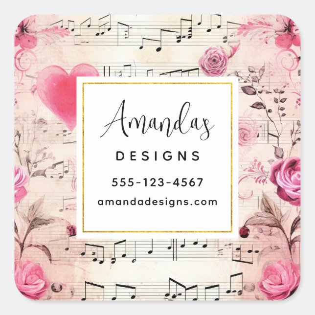 Adesivo Quadrado Notas e Rosas Musicais Design Business (Frente)