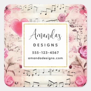 Adesivo Quadrado Notas e Rosas Musicais Design Business
