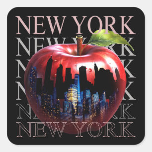 Adesivo Quadrado Nova York A Grande Maçã Fruta Silhueta Cidade