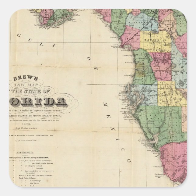 Adesivo Quadrado Novo Mapa de Drew do Estado da Flórida (Frente)