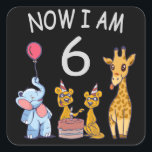 Adesivo Quadrado Now I am 6 years old 6th Birthday at the Zoo<br><div class="desc">Happy 6th Birthday. Funny and lovely Kids Birthday design with a cute Elephant,  two ferrets and a giraffe celebrating your birthday at the zoo.</div>