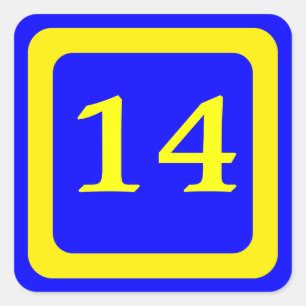Adesivo Quadrado número 14, fundo azul, quadro amarelo