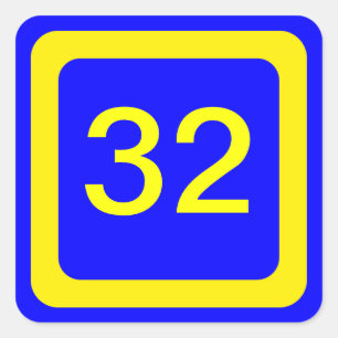 Adesivo Quadrado número 32, fundo azul, quadro amarelo